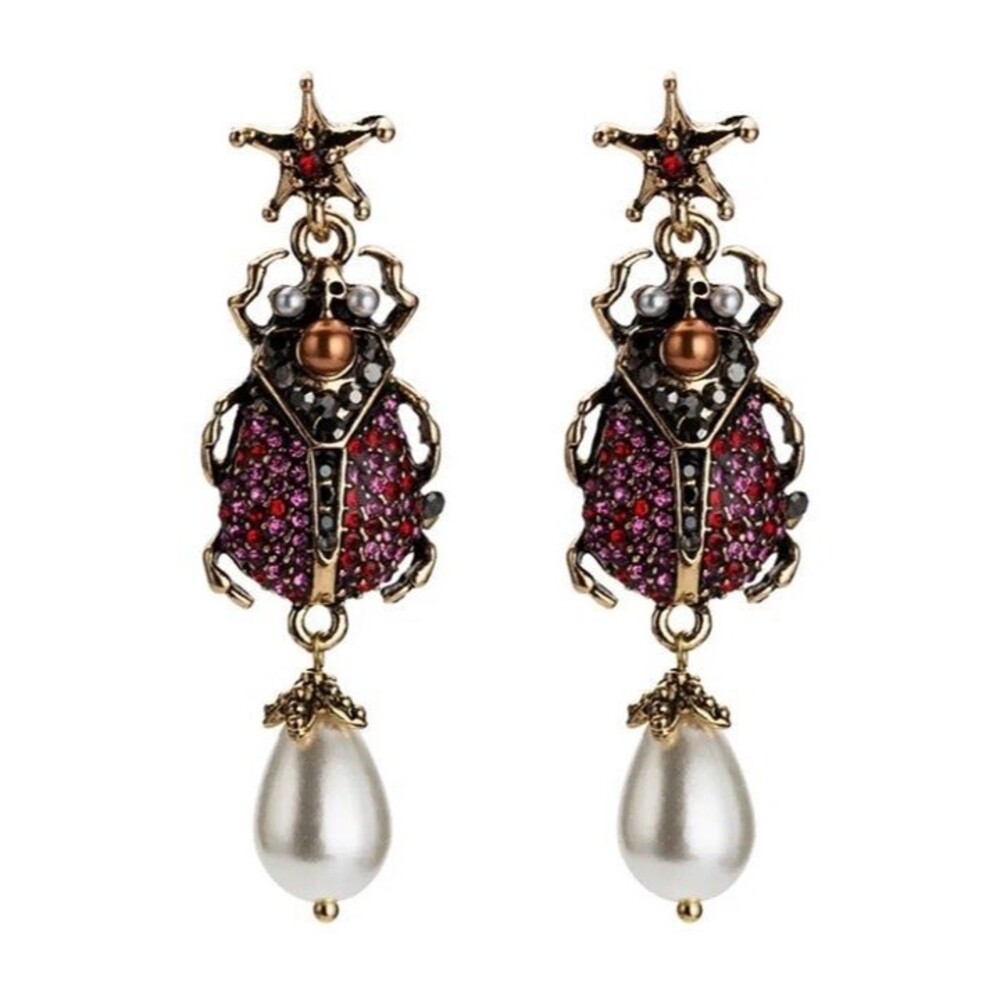 Scarab Earrings Red Crystal beetle w/ Pearl drop earring